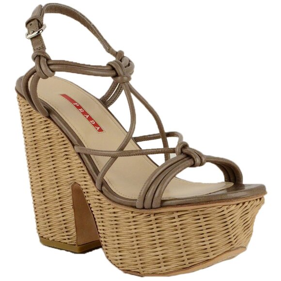 PRADA SHOES KNOTTED LEATHER WICKER WEDGE PLATFORM SANDALS sz 40 / 10